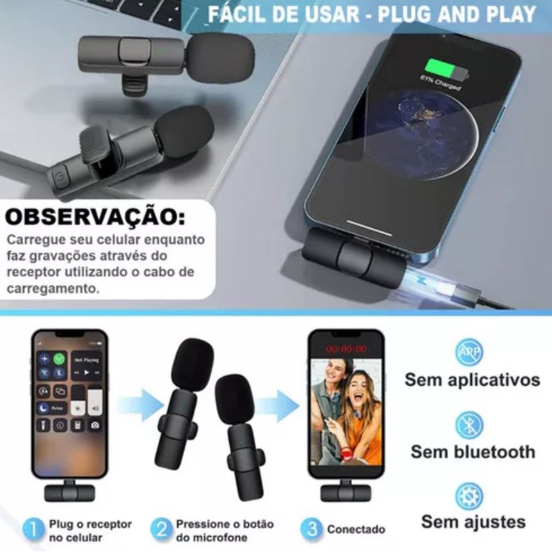Microfone Lapela Celular Sem Fio Duplo Tipo C